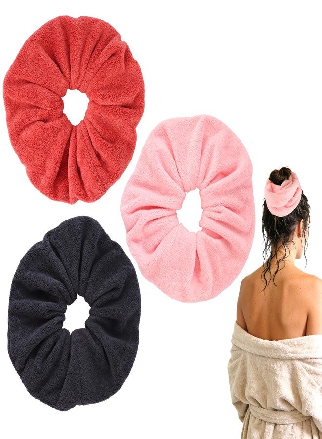 CAVETEE Hair Drying Towel Scrunchies，3Pack Towel Scrunchies for Wet Hair Fuzzy Hair Bands Ponytail Holder for Wet and Dry Hair Accessories (Pink/Black/Red, Large) - Image 1